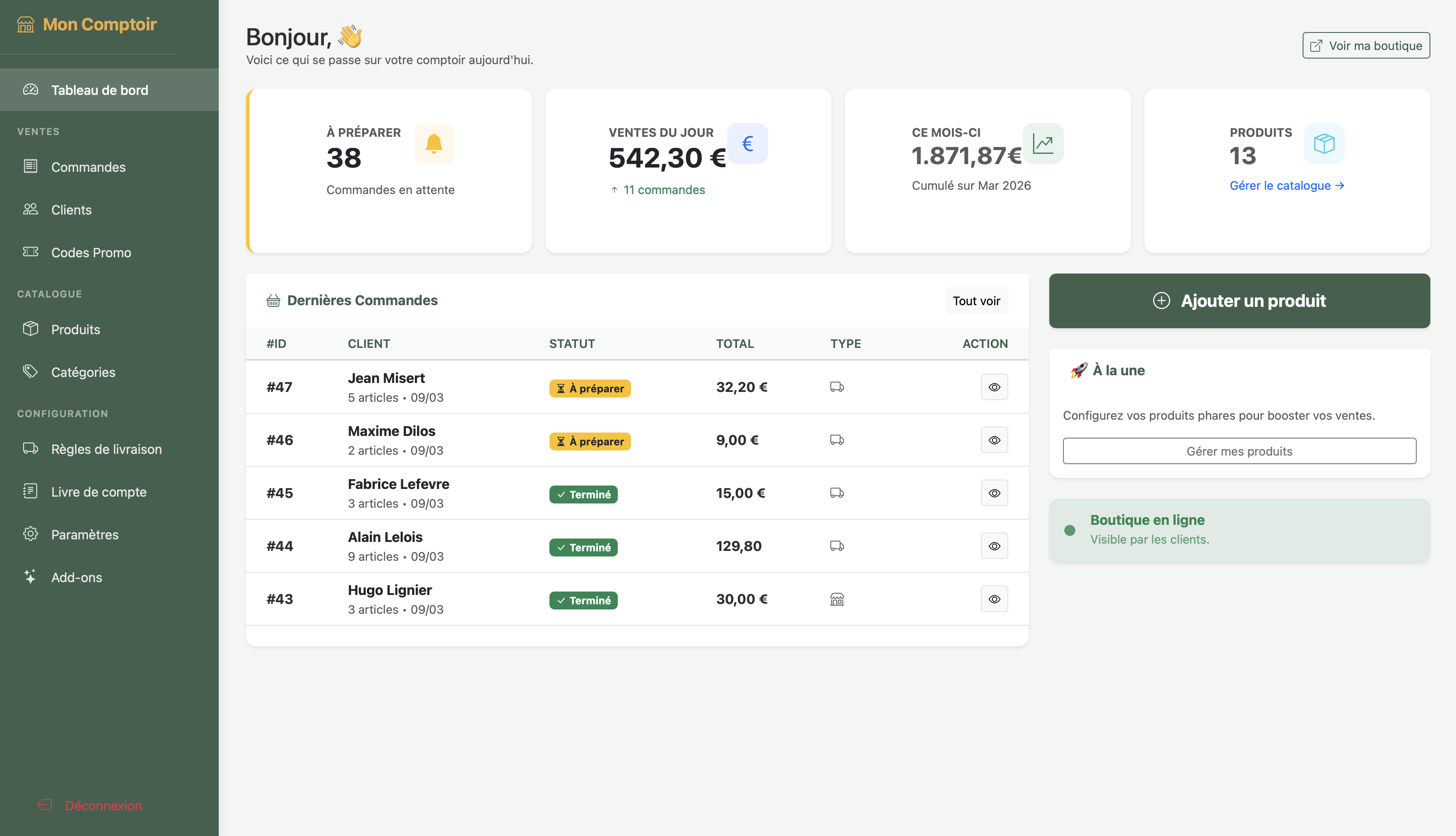 Dashboard Mon Comptoir